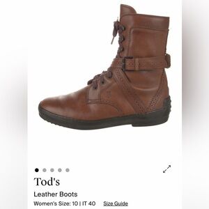 Tod's Brown Leather Lace-Up combat Ankle Boots with Side Strap